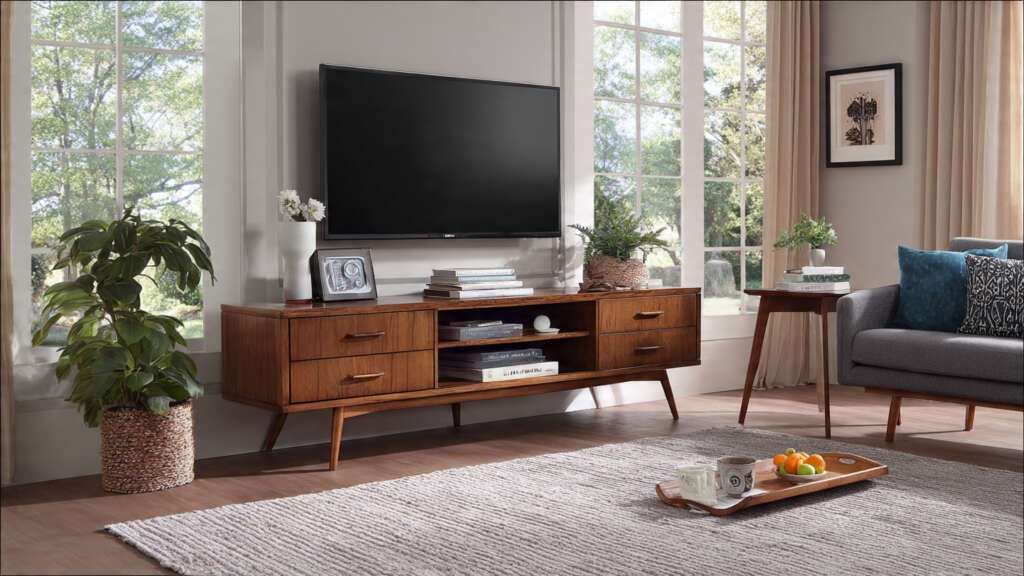 Large mid-century modern TV stand in a spacious living room with ample storage space.