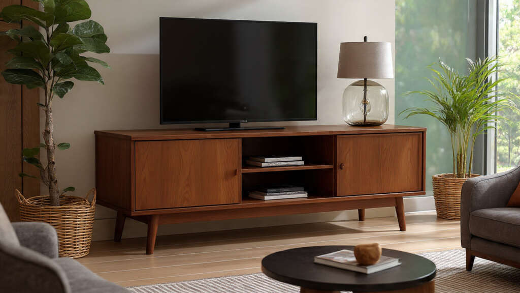High-end luxury mid-century modern TV stand with solid wood and metal accents in an elegant living room.