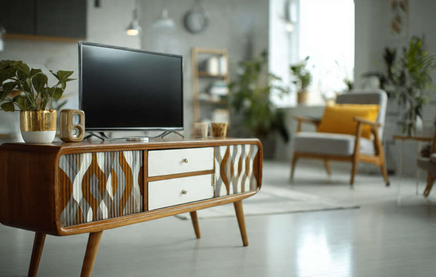 Stylish mid-century modern living room featuring a sleek TV stand with wooden finish and minimalist décor.