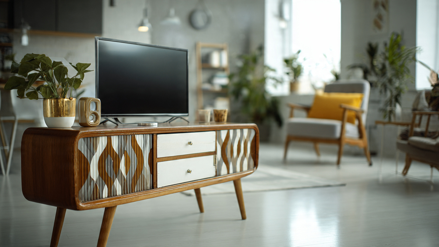 Stylish mid-century modern living room featuring a sleek TV stand with wooden finish and minimalist décor.