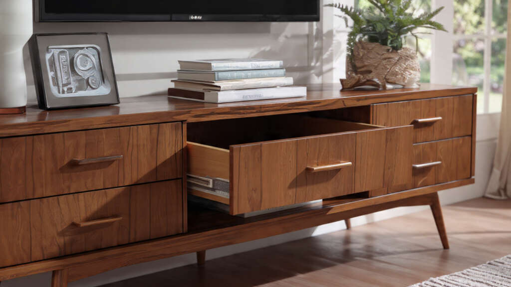 Mid-century modern TV stand featuring open shelving and hidden drawers for media storage.