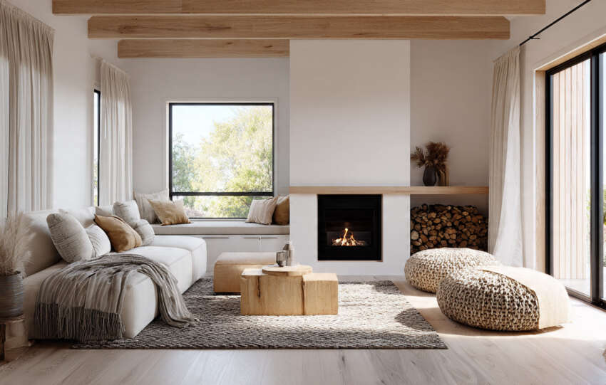 Modern cottage living room with natural wood, minimalist decor, and cozy furnishings.