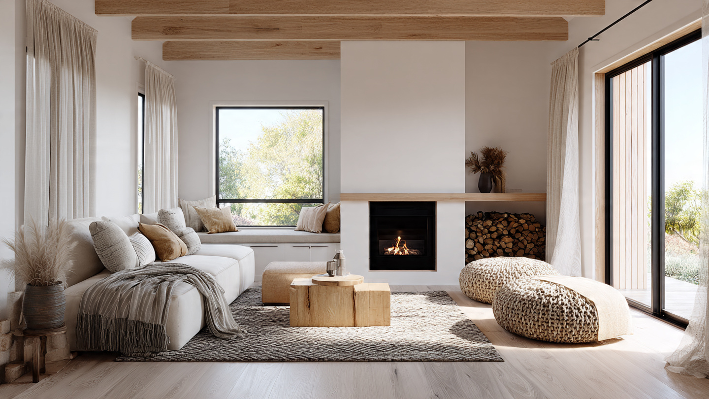 Modern cottage living room with natural wood, minimalist decor, and cozy furnishings.
