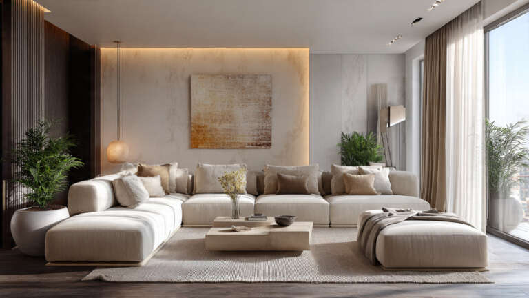 Side-by-side comparison of a modular sofa and a sectional sofa in modern neutral living rooms showing the layout difference