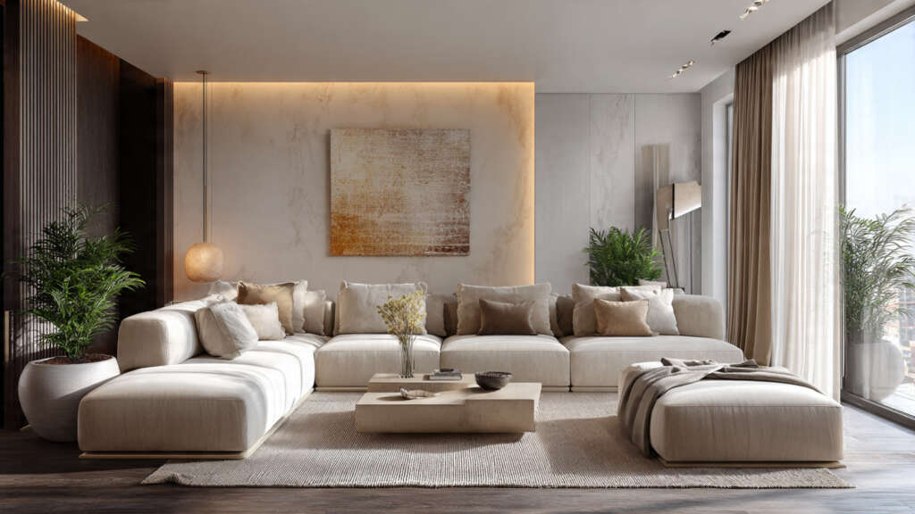 Side-by-side comparison of a modular sofa and a sectional sofa in modern neutral living rooms showing the layout difference
