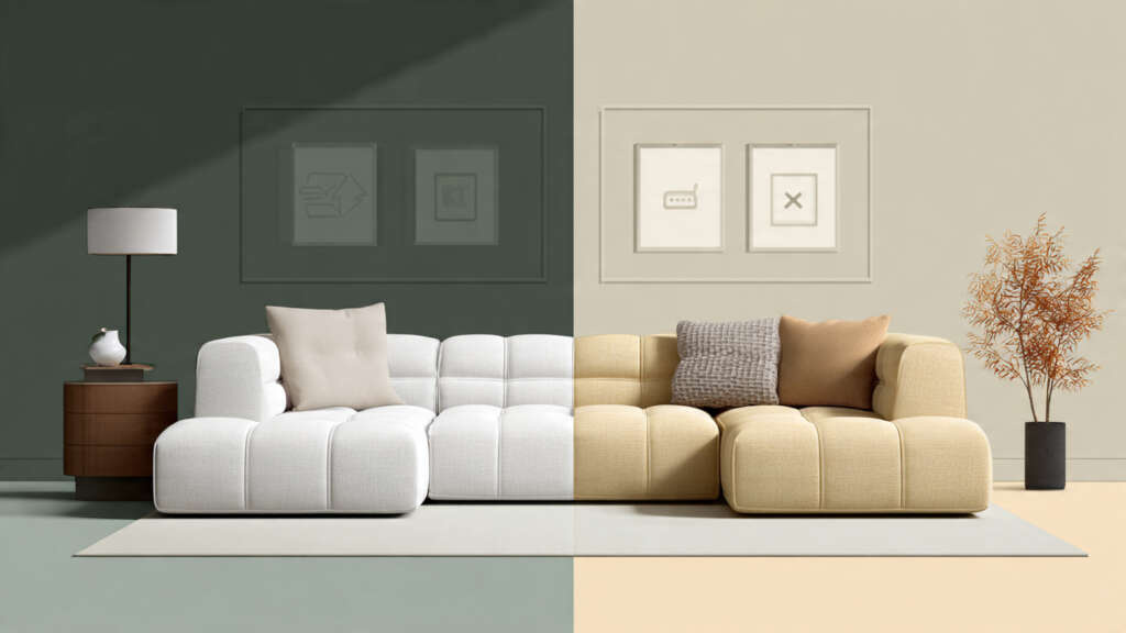 Infographic comparing modular sofas and sectional sofas with icons and features.
