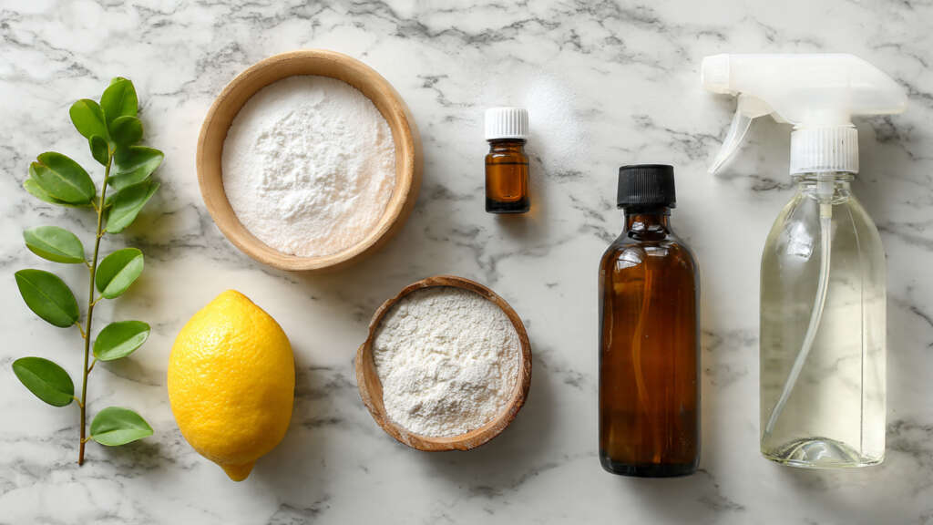 Natural ingredients like vinegar, baking soda, and lemon for cleaning mold naturally