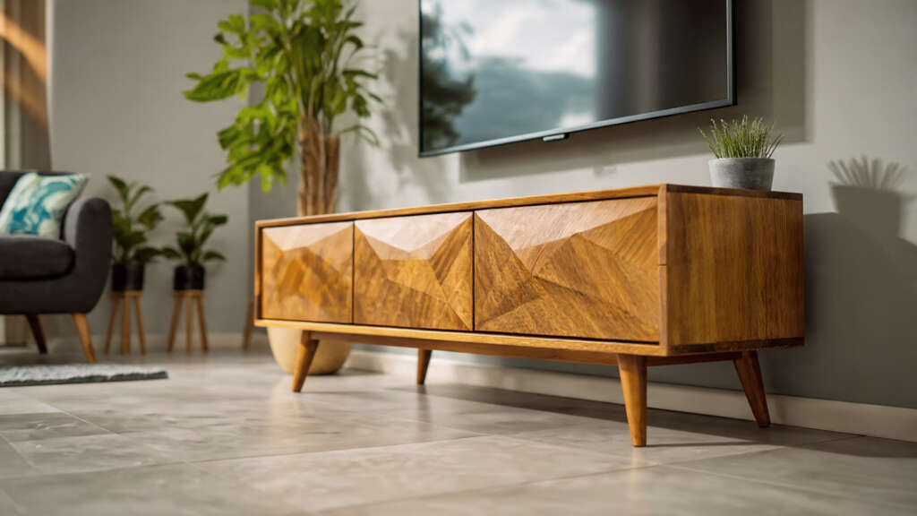 Compact mid-century modern TV stand for small spaces, featuring a sleek design in a cozy living room.