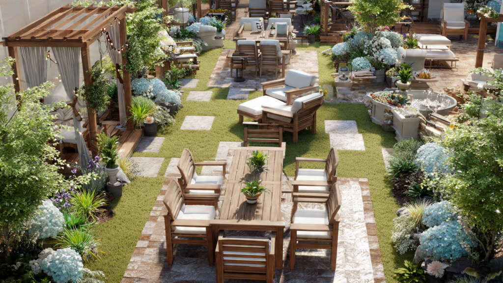 Polywood furniture sets in a modern garden, showcasing the latest design trends.