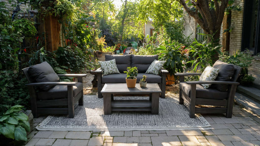 Polywood lounge set with comfortable cushions in a modern outdoor living space.