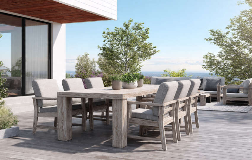Polywood outdoor furniture set on a stylish patio, designed for comfort and durability.
