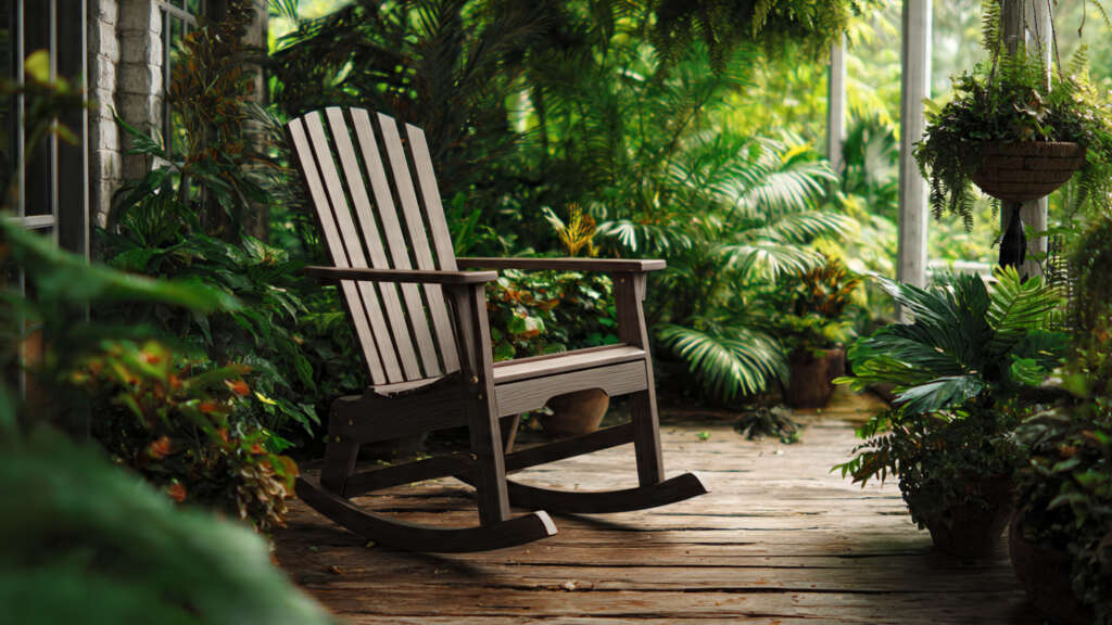 Polywood rocking chairs on a front porch, offering comfort and timeless charm.