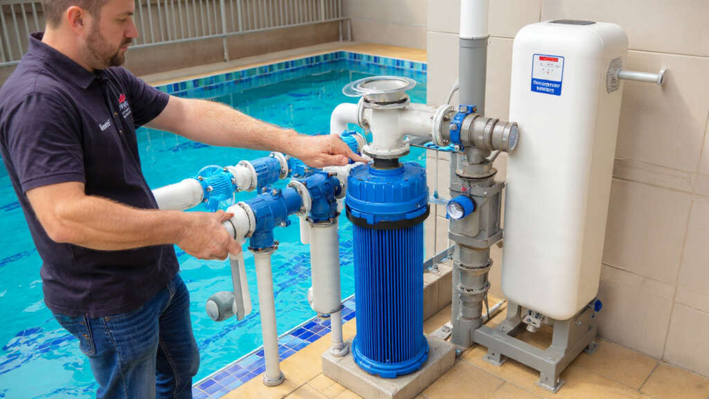 Pool heater being inspected to maintain optimal water temperature