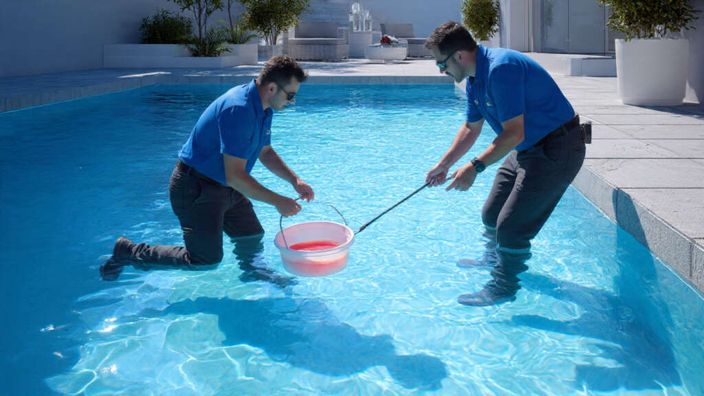 Pool technician performing dye test to detect pool leak