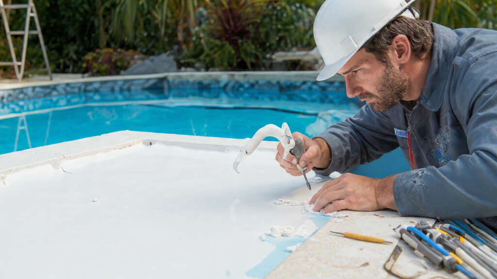 Technician resurfacing fiberglass swimming pool with plaster