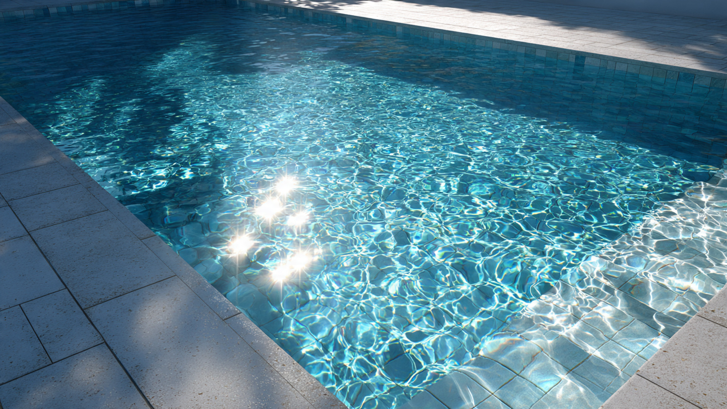 Modern backyard swimming pool with clean blue water reflecting sunlight