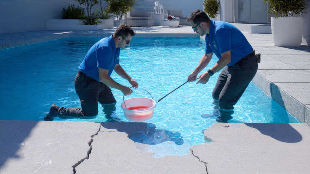 Repairing cracked pool plaster with epoxy patch near waterline