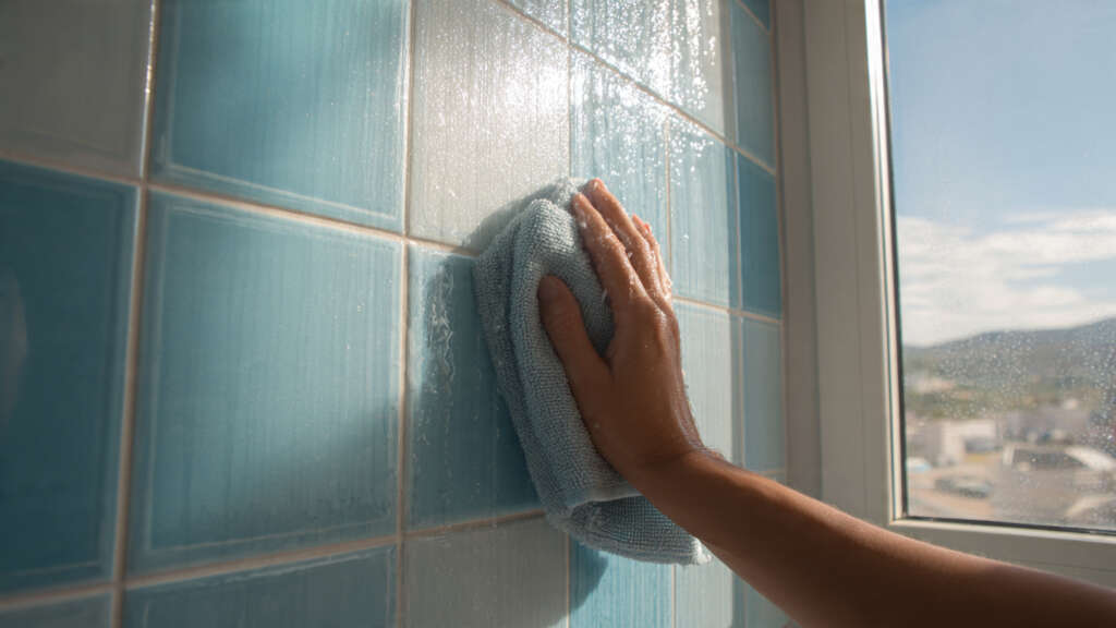 Bathroom exhaust fan running and shower walls being dried with squeegee to prevent mold growth