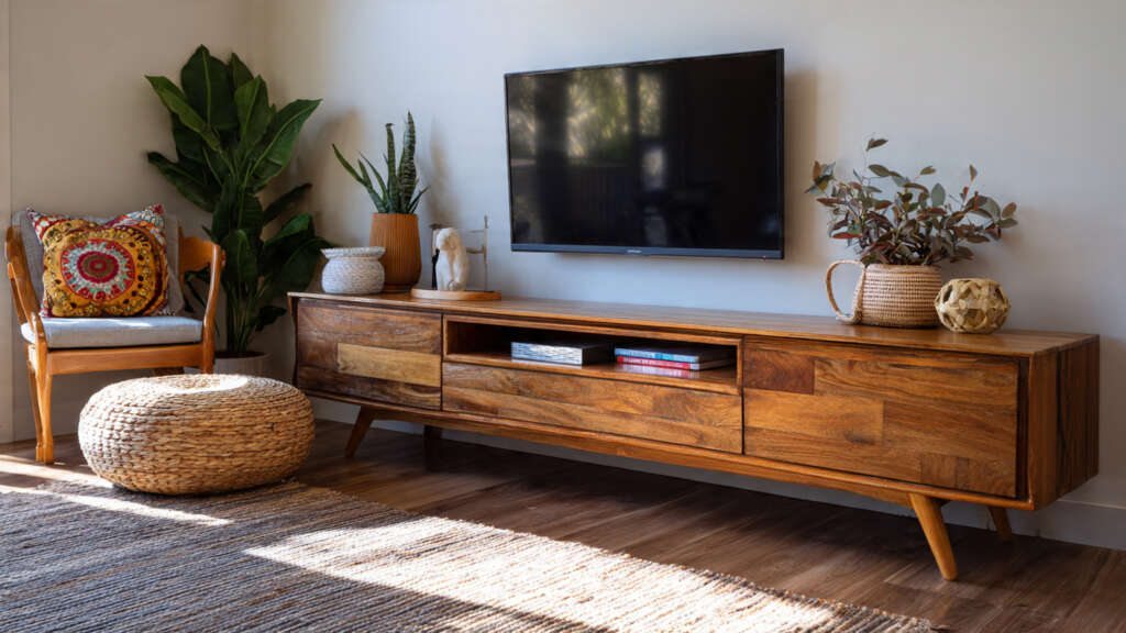 Mid-century modern TV stand with angular legs and retro design, perfect for a vintage-inspired living room.