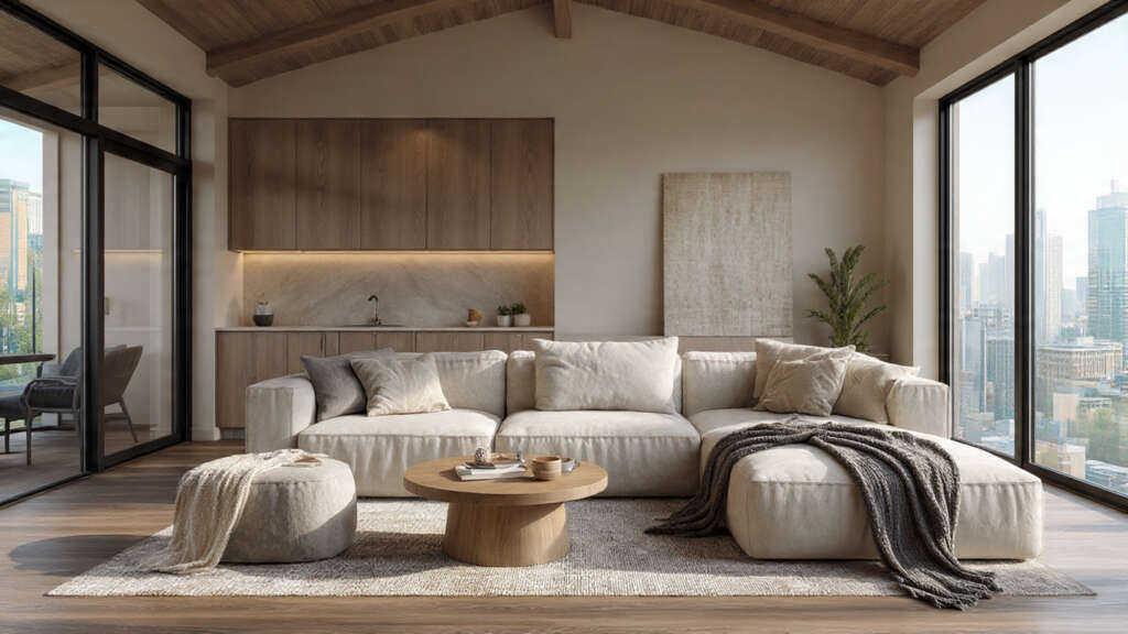 L-shaped sectional sofa styled in a cozy family living room.