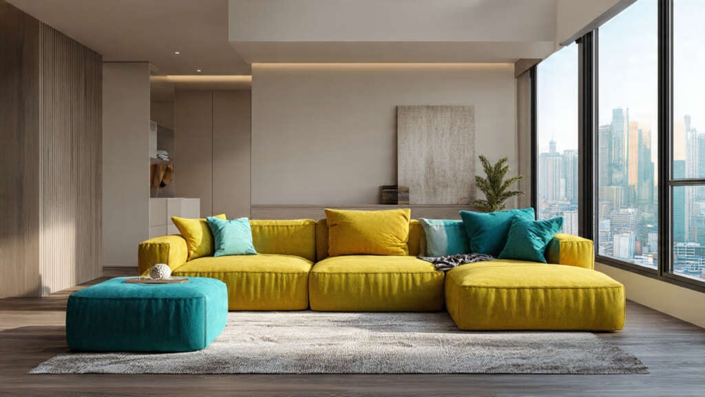 Modern modular sofa displayed in a bright, minimalist living room setting.