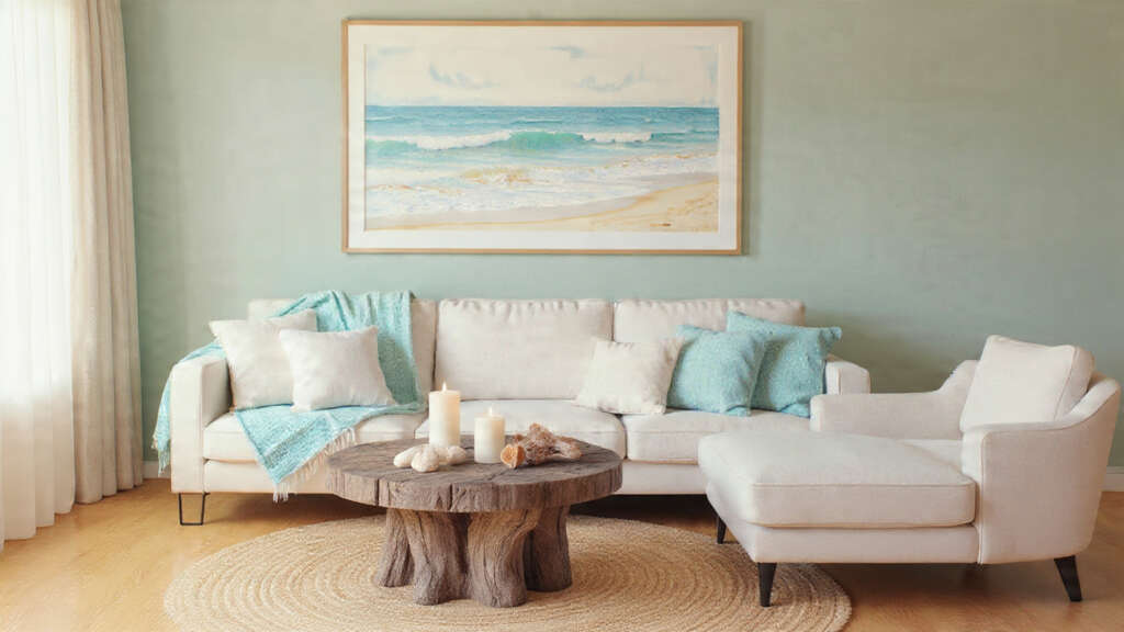 Wooden coffee table with coastal decor accents such as seashells and driftwood.