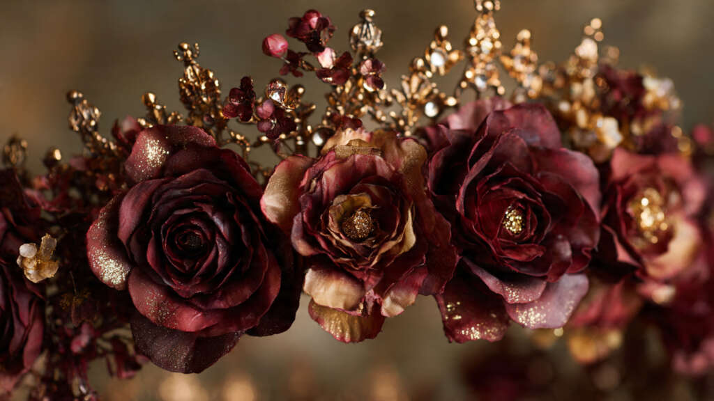 Luxury burgundy ramo buchon with gold crown for proposals.