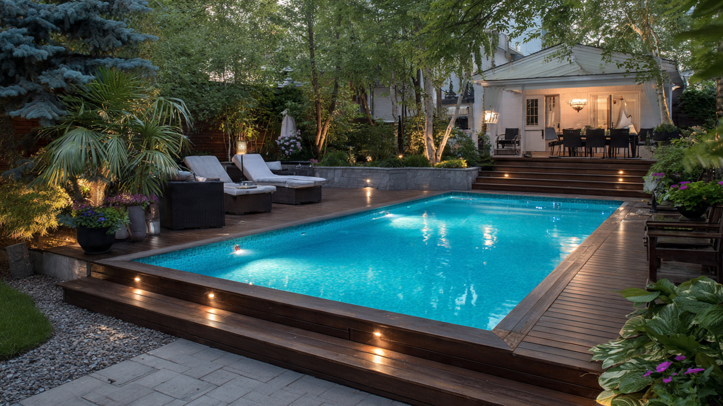 Modern above ground pool with wooden deck and outdoor seating in a sunny backyard.