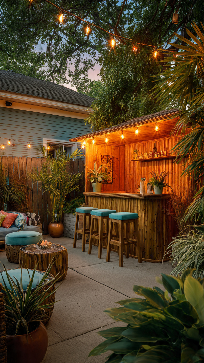 Home tiki bar in backyard with bamboo accents and ambient lighting.