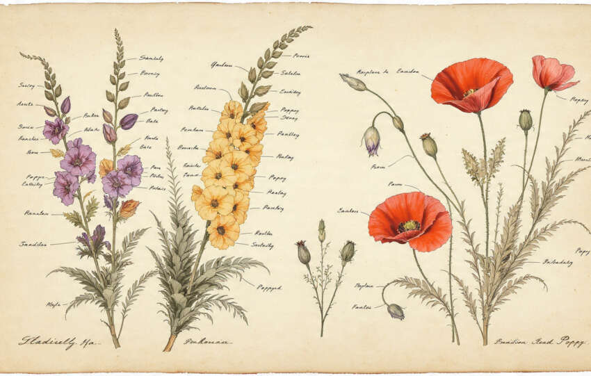 Historical botanical illustration of gladiolus and poppy flowers