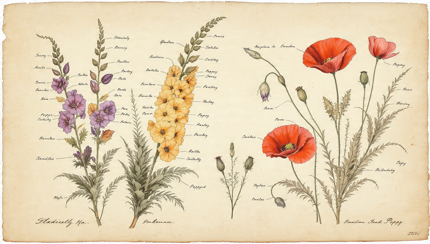 Historical botanical illustration of gladiolus and poppy flowers