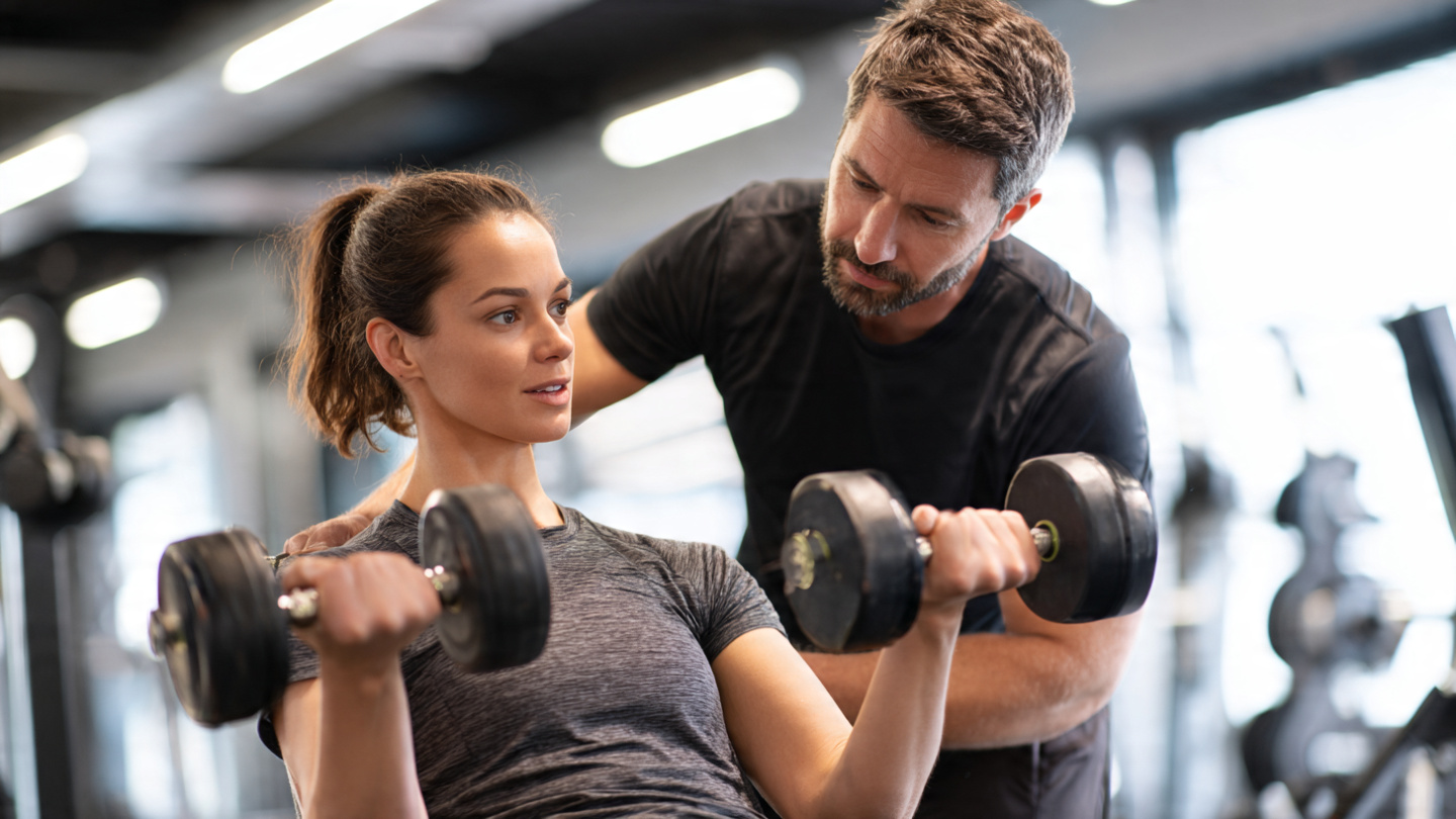 Personal trainer assisting a client with resistance training in a gym.