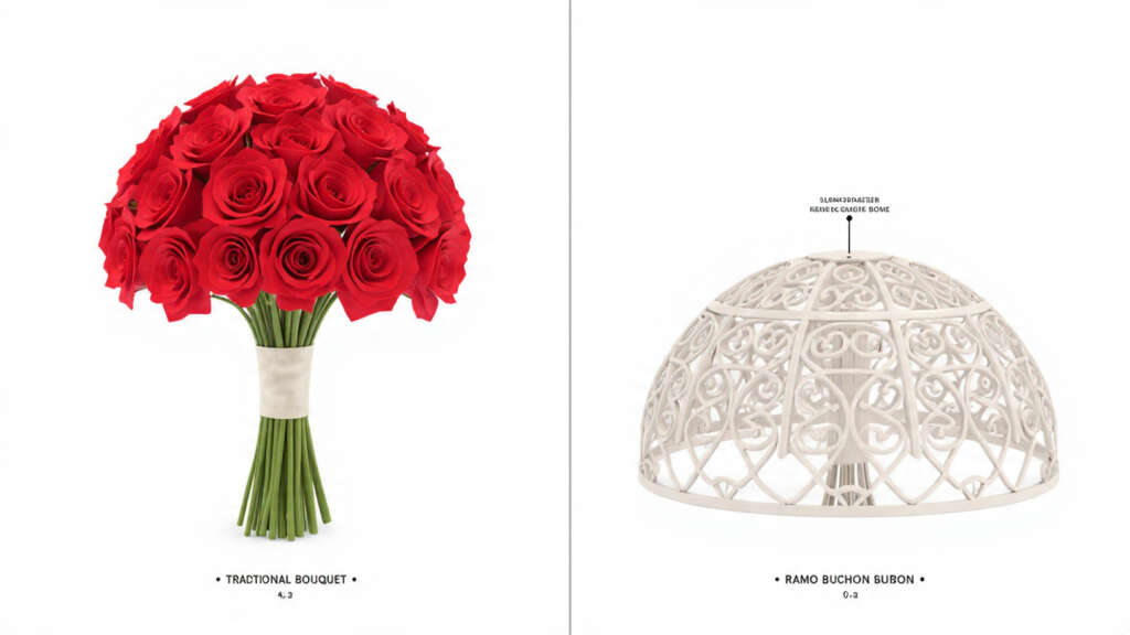 Comparison of traditional bouquet vs. signature ramo buchon dome style.