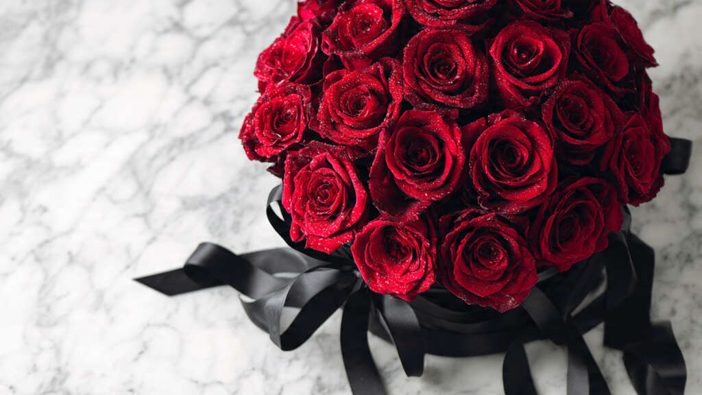 Classic 50-red-rose ramo buchon with satin ribbon for anniversaries.