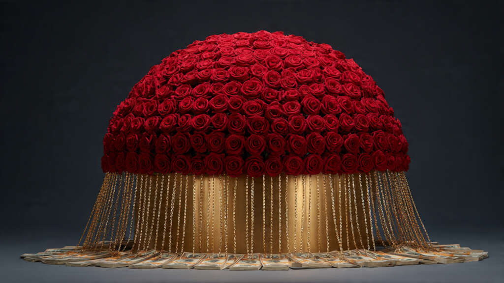 Red ramo buchon with cascading cash fan add-on.