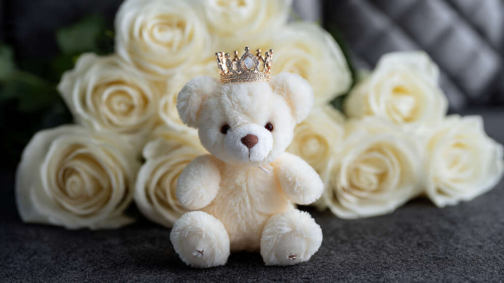 White ramo buchon crowned by plush bear with jewelry.
