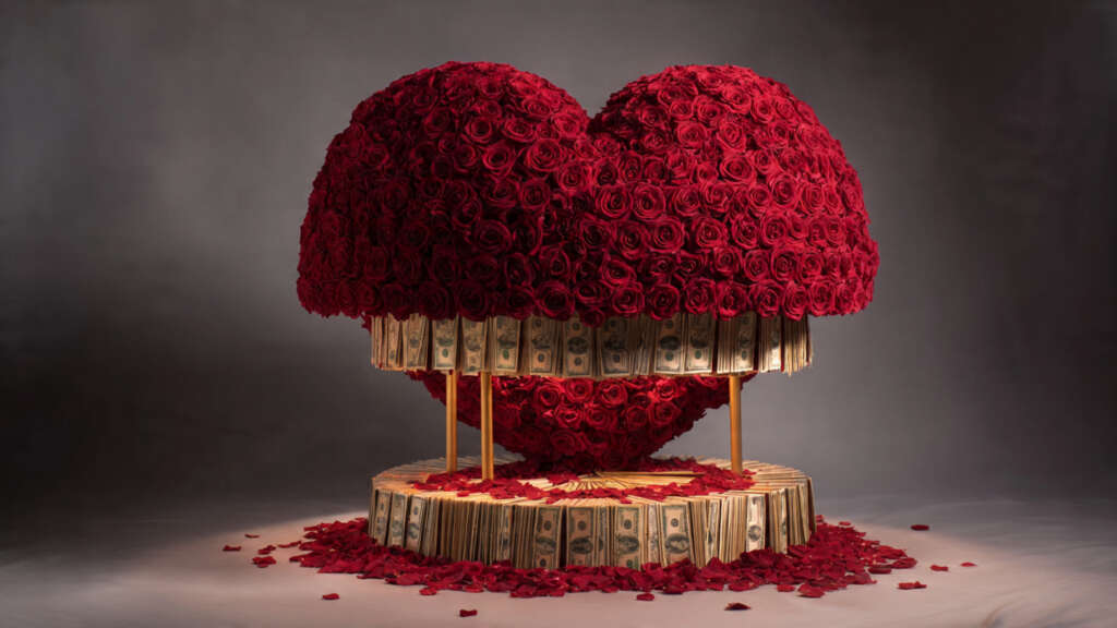 Red ramo buchon with heart money fan for romantic gifts.