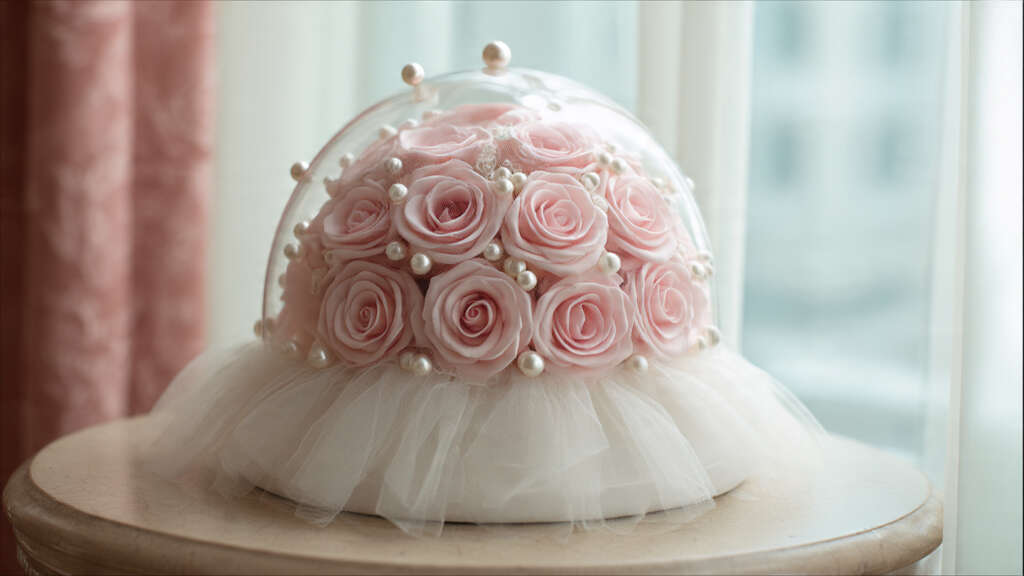 Blush pink ramo buchon with pearl accents for birthdays.