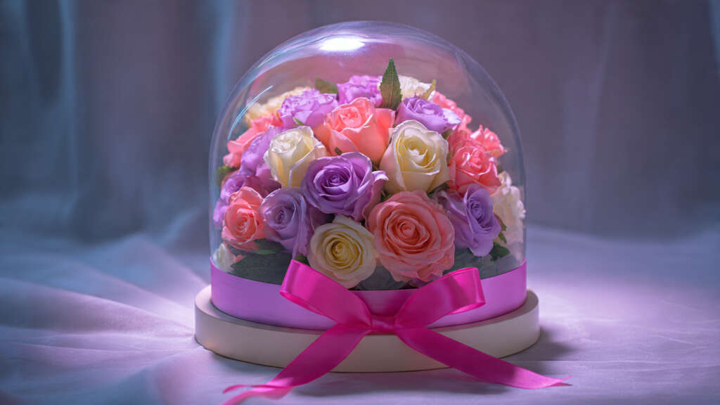 Pastel mixed rose ramo buchon for fun birthdays.