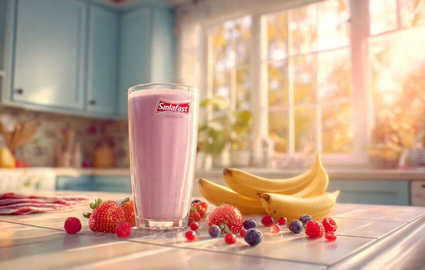 SlimFast protein shake on a kitchen countertop with fresh fruits for a healthy lifestyle.