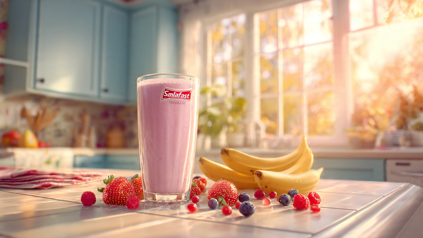 SlimFast protein shake on a kitchen countertop with fresh fruits for a healthy lifestyle.