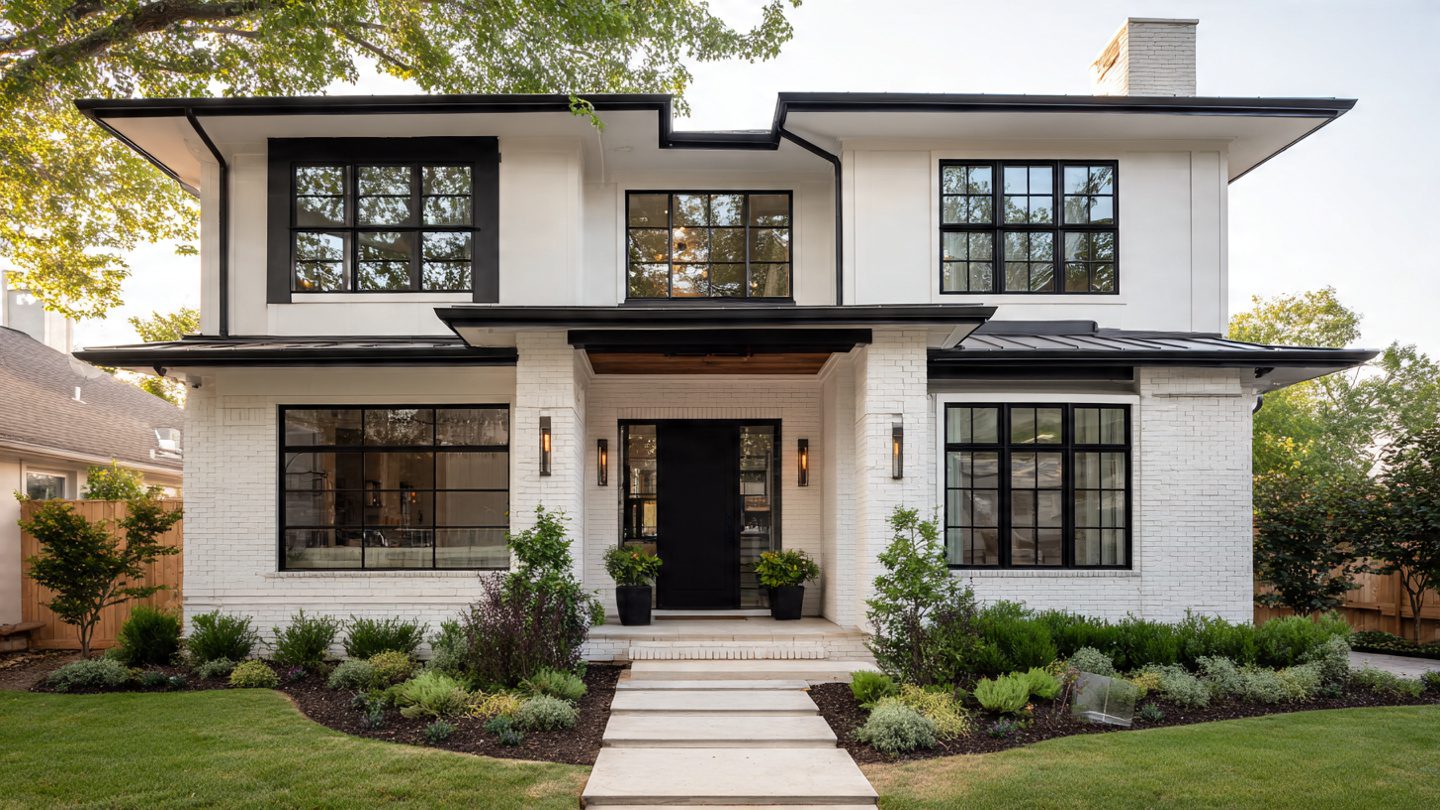 White modern house with black windows and clean exterior landscaping