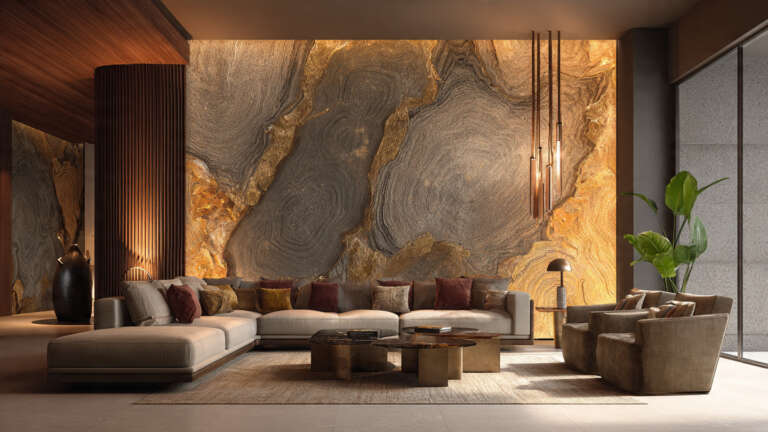 Goat eye marble accent wall in modern luxury living room interior design