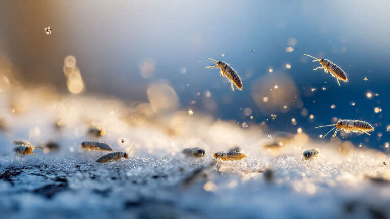 Macro photograph of Hypogastrura nivicola snow bugs appearing as tiny black specks on white snow, commonly mistaken for pepper
