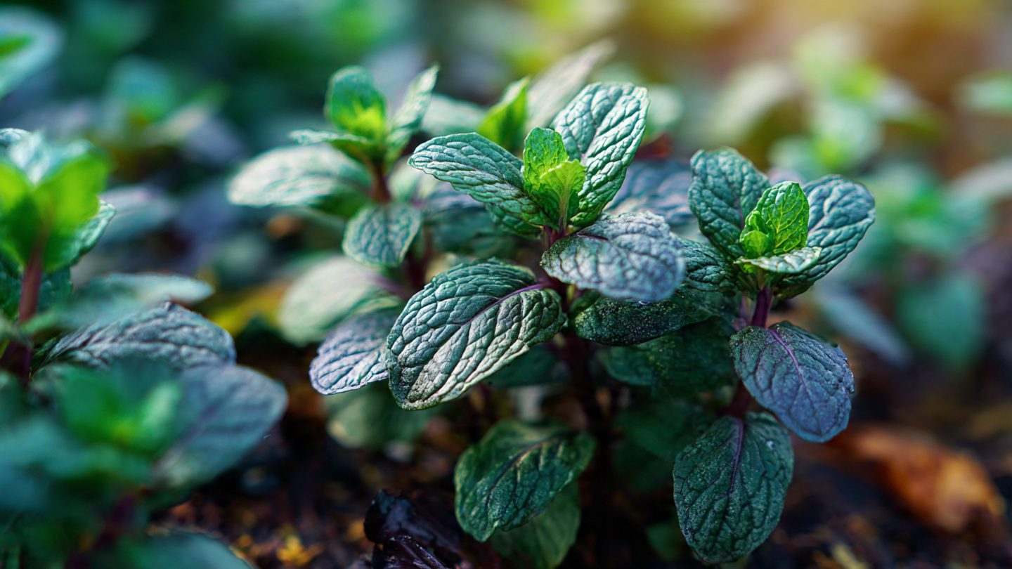 Chocolate mint plant growing in a garden with dark green aromatic leaves.