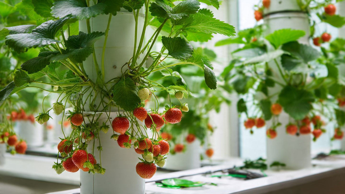 Indoor hydroponic strawberry garden with vertical towers and LED lights