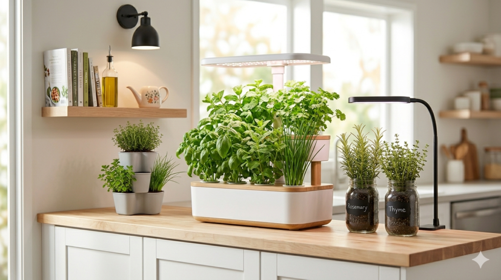 A wide-angle lifestyle shot of a modern kitchen counter thriving with various indoor herb garden kits, including a hydroponic basin, vertical stack, and mason jars under LED grow lights, with floating shelves in the background.