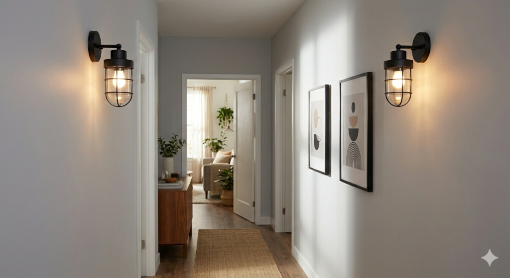 Two matte black industrial wall sconces lighting a long hallway with framed art, no visible wires or cords.