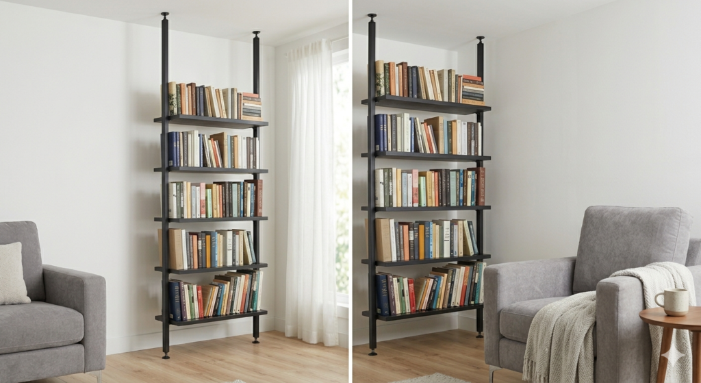 A floor-to-ceiling black metal tension shelf system filled with books in a small living room corner.
