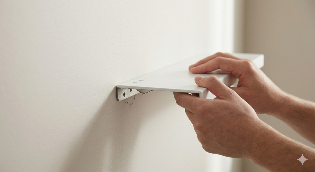 Close-up of a white High and Mighty floating shelf being pushed into drywall with thumbs, showing the claws engaging.